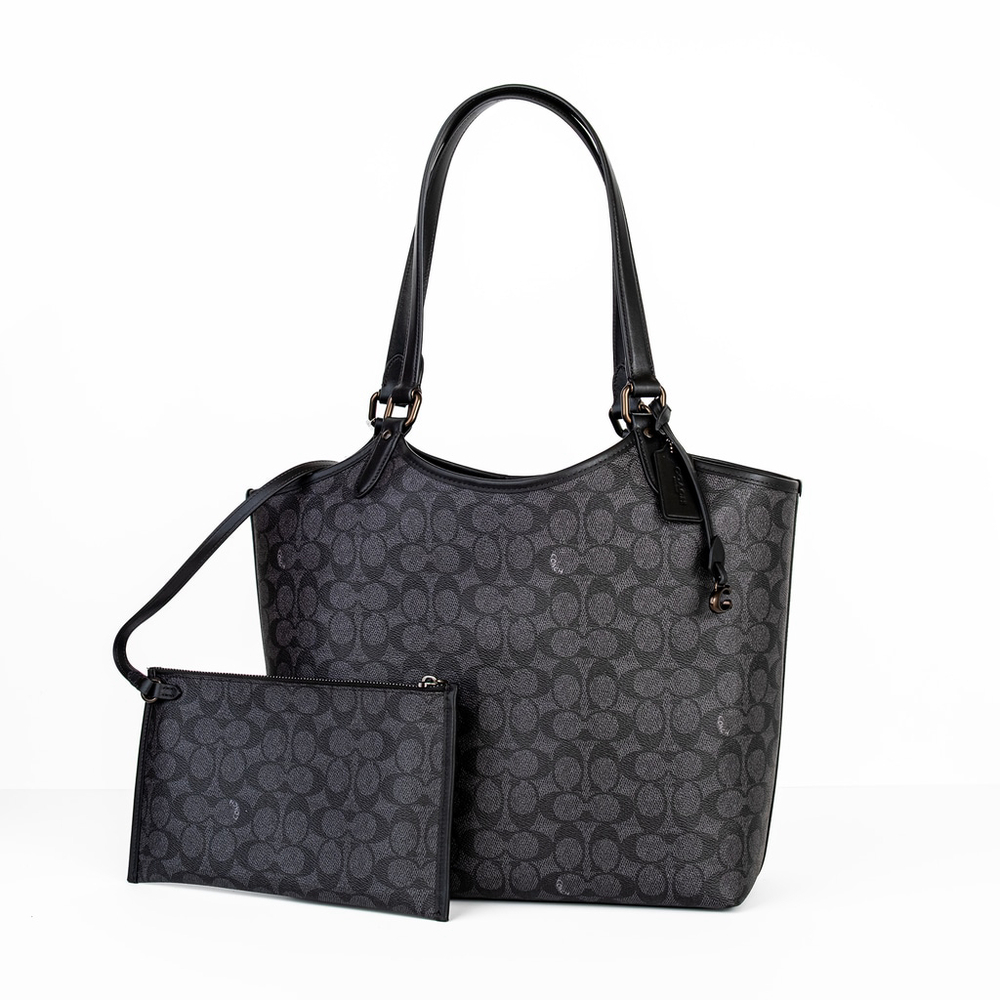 NWT Day Tote Bag In Signature Coated Canvas Charcoal Black Removable Pouch CX201